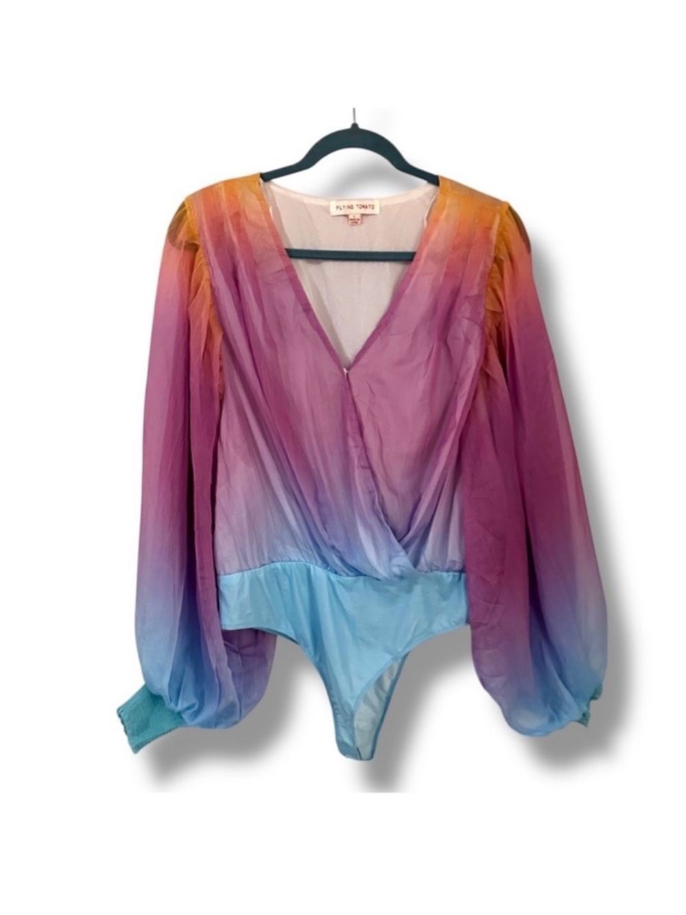 Flying Tomato Pink to Blue Ombre Long-Sleeve V-Neck Bodysuit